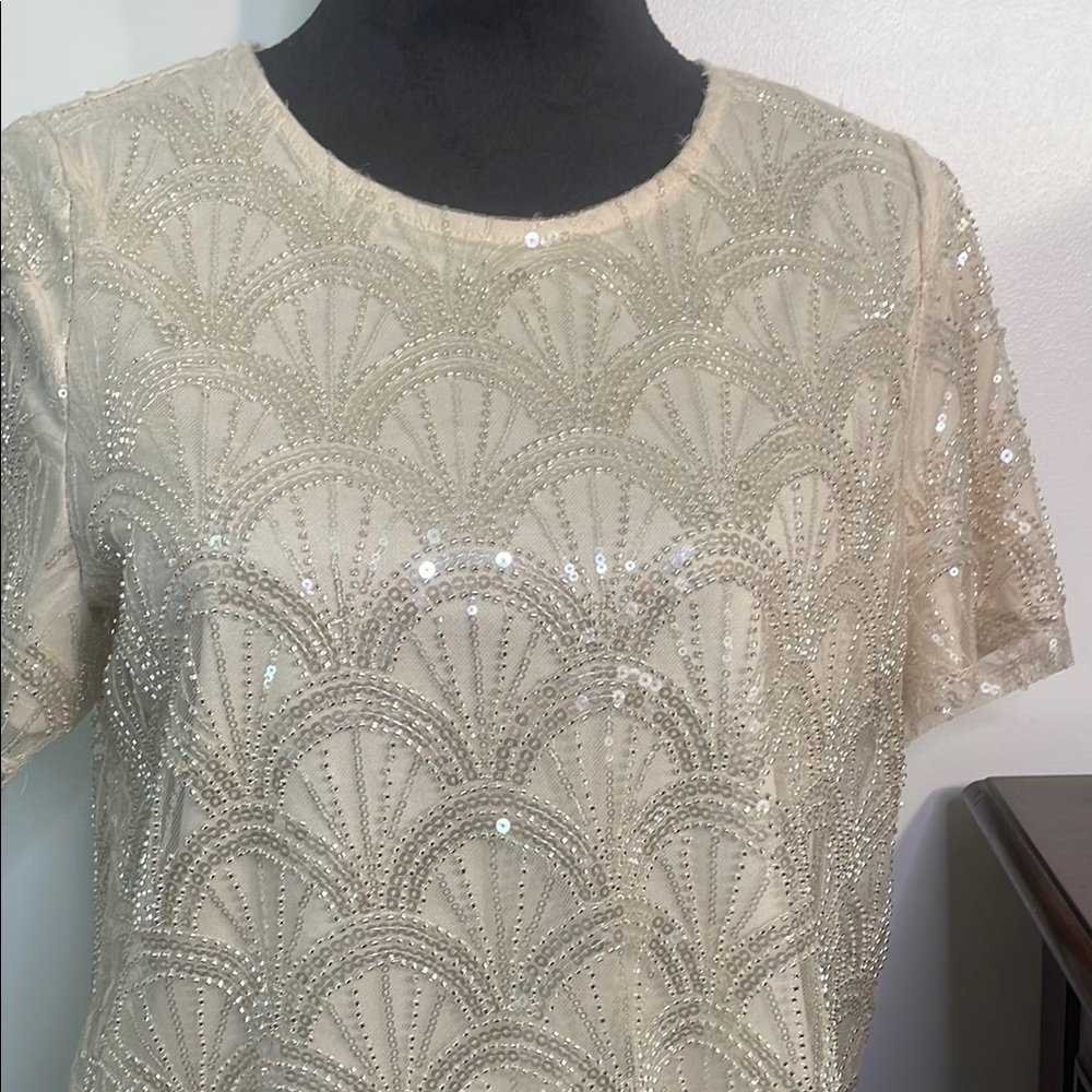 Adrianna Papell Cream Gold Sequin Asymmetrical Dress